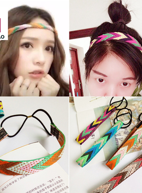 saya明星同款发带头饰 彩色民族波西米亚风三角撞色发箍发饰编织