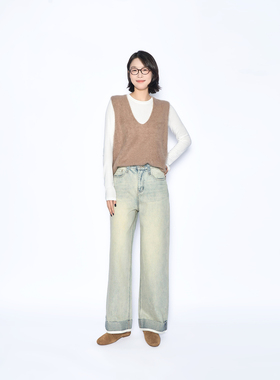 AUTUZCCI2026年春季复古撞色织带拼接卷边直筒裤复古牛仔裤660004