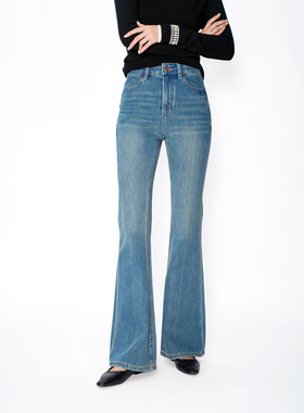 法式内核/弹力莱赛尔牛仔裤女复古肌理感高腰微喇叭裤秋新款61033