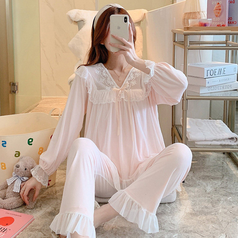 公主睡衣女春季纯棉薄款韩版蕾丝花边套装甜美宫廷超仙性感家居服