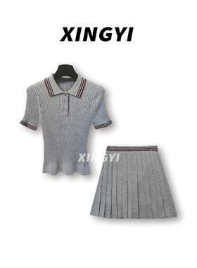 『XINGYI』学院风翻领立体螺纹修身百褶裙套装XY9153