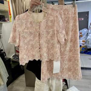 春夏蕾丝刺绣名媛短袖上衣半身裙套装女法式流行修身A字裙两件套