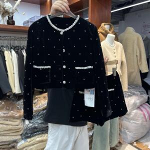钉钻丝绒外套小香风套装女秋冬高级感 重工时髦高腰短裤两件套裙