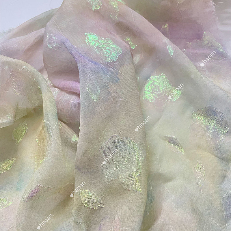 春夏七彩黄色玫瑰提花布料雪纺印花连衣裙旗袍衬衫设计师面料手工