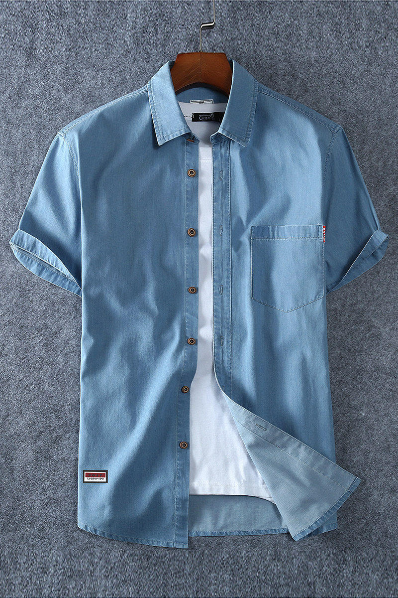 XL-8XL夏男休闲牛仔短袖衬衫时尚牛仔半袖衬衣加肥加大码1183-P55,男装T恤,星座802