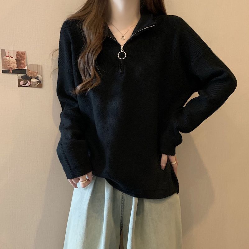 半拉链卫衣针织衫女2023秋冬新款大码胖mm宽松气质正肩polo领上衣