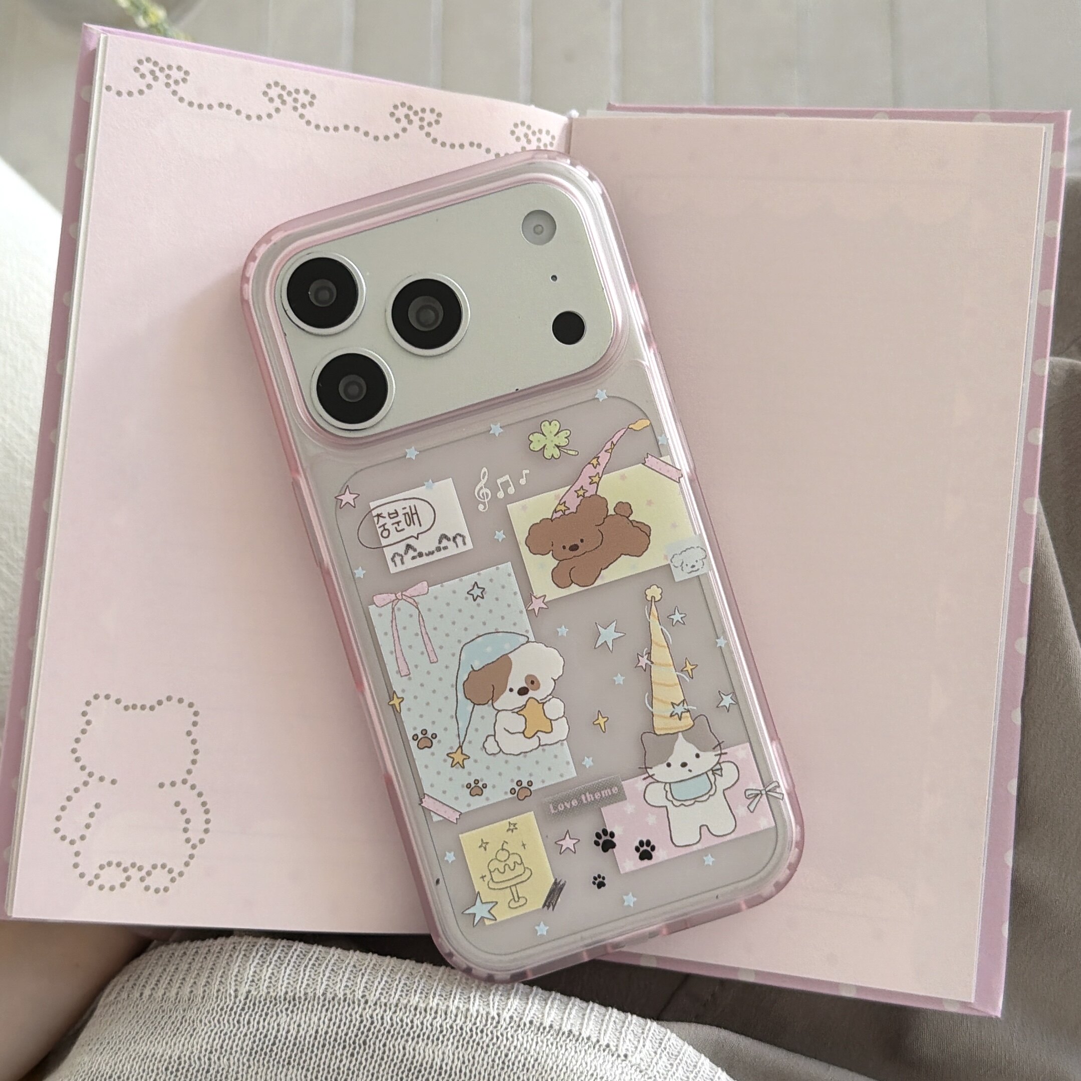 乐思茉 iPhone尖尖帽子猫狗粉色透底可爱卡通圆边双层imd小清新日韩风简约高级iPhone手机壳苹果17pm适用