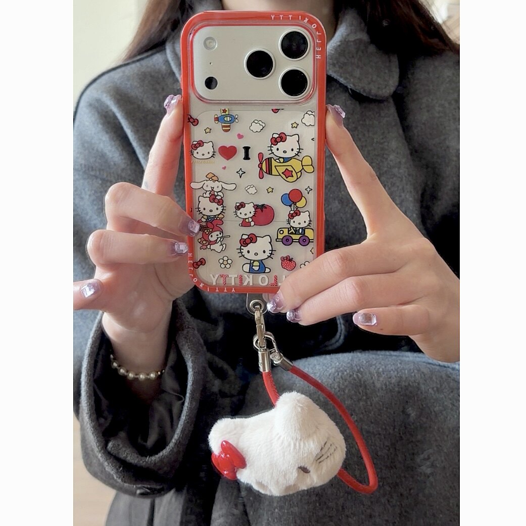 iPhone昭和风红边kitty猫透明手机壳毛绒玩偶挂件苹果17pm装饰保护套可爱女款适用