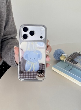 iPhone日系童话水彩蓝色小象滴胶电镀简约小清新高级手机壳ins风手绘苹果17pm毛绒铃铛挂件适用