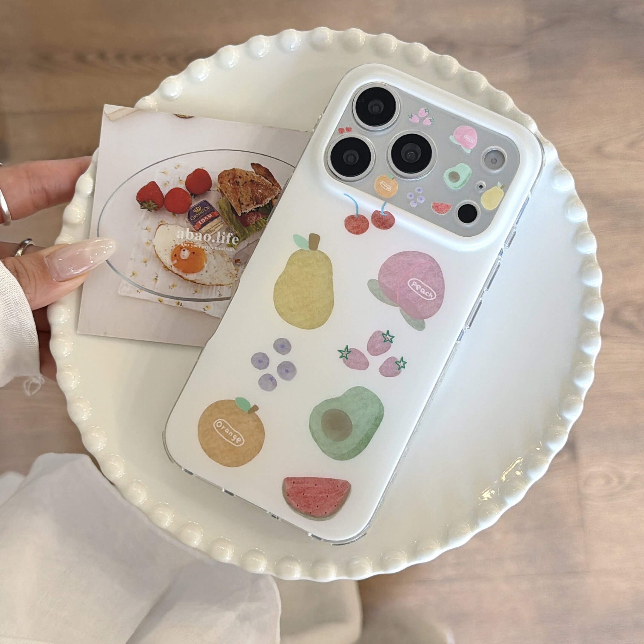 乐思茉 iPhone奶白水彩纸纹水果透色圆边双层imd小清新日韩风简约高级iPhone手机壳苹果17pm适用