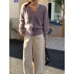 希宥HOUSE冬季新款上衣女韩系简约V领兔毛毛衣系扣开衫打底针织衫