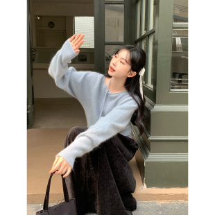 希宥HOUSE 秋冬新款针织上衣宽松含兔毛圆领套头绑带保暖毛衣内搭
