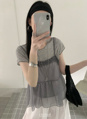 希宥HOUSE 能等的来特好看碎花短袖+吊带真两件套套装