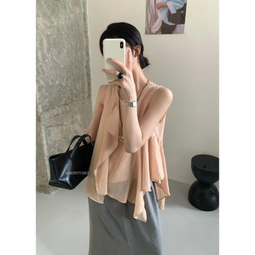 希宥HOUSE 松弛穿搭韩版夏季亮色系不规则荷叶边圆领无袖背心