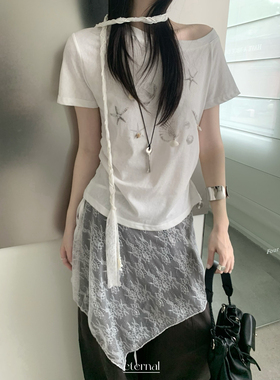 希宥HOUSE 海星设计斜肩短袖T袖配披肩网纱芭蕾风上衣女短袖T恤