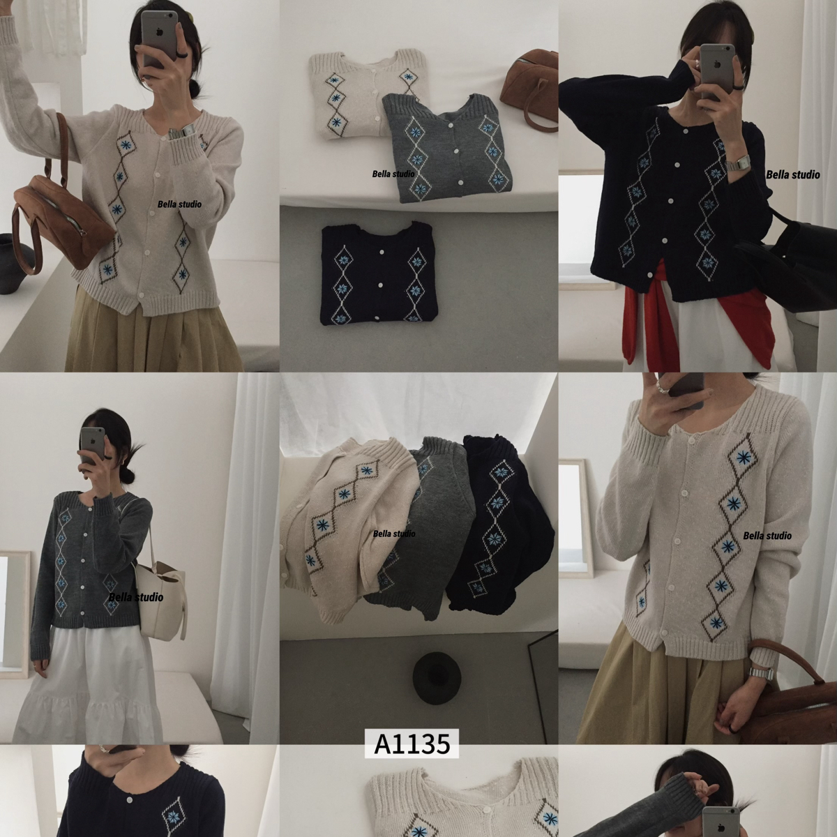 希宥HOUSE 怒推韩系休闲宽松粗线菱格绣花小衫针织开衫