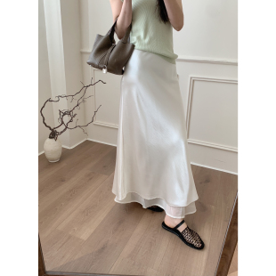 希宥HOUSE 高级感仿醋酸拼接欧根纱光泽感半身裙长款