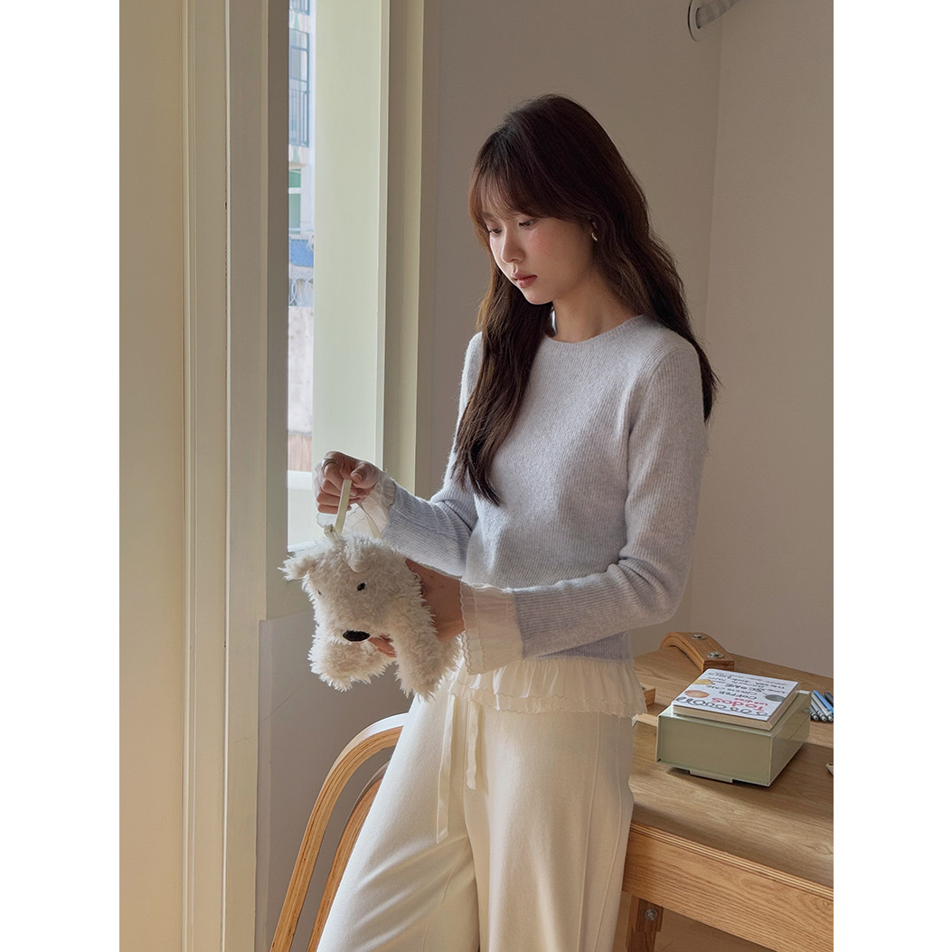 希宥HOUSE 韩系法式欧根纱花边甜美气质百搭毛衣上衣针织衫新款