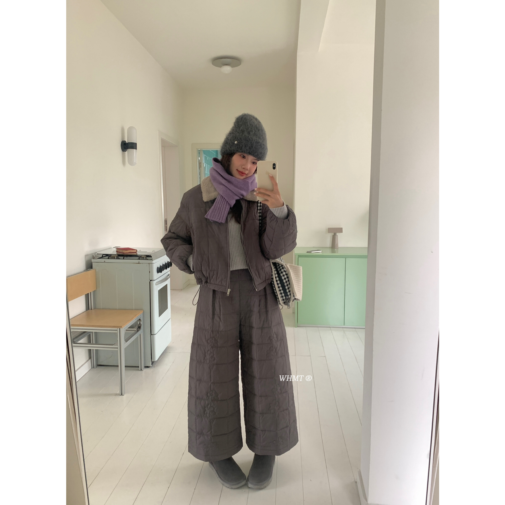 希宥HOUSE 时髦羊羔毛小翻领花朵绗棉羽绒外套+八分棉裤套装