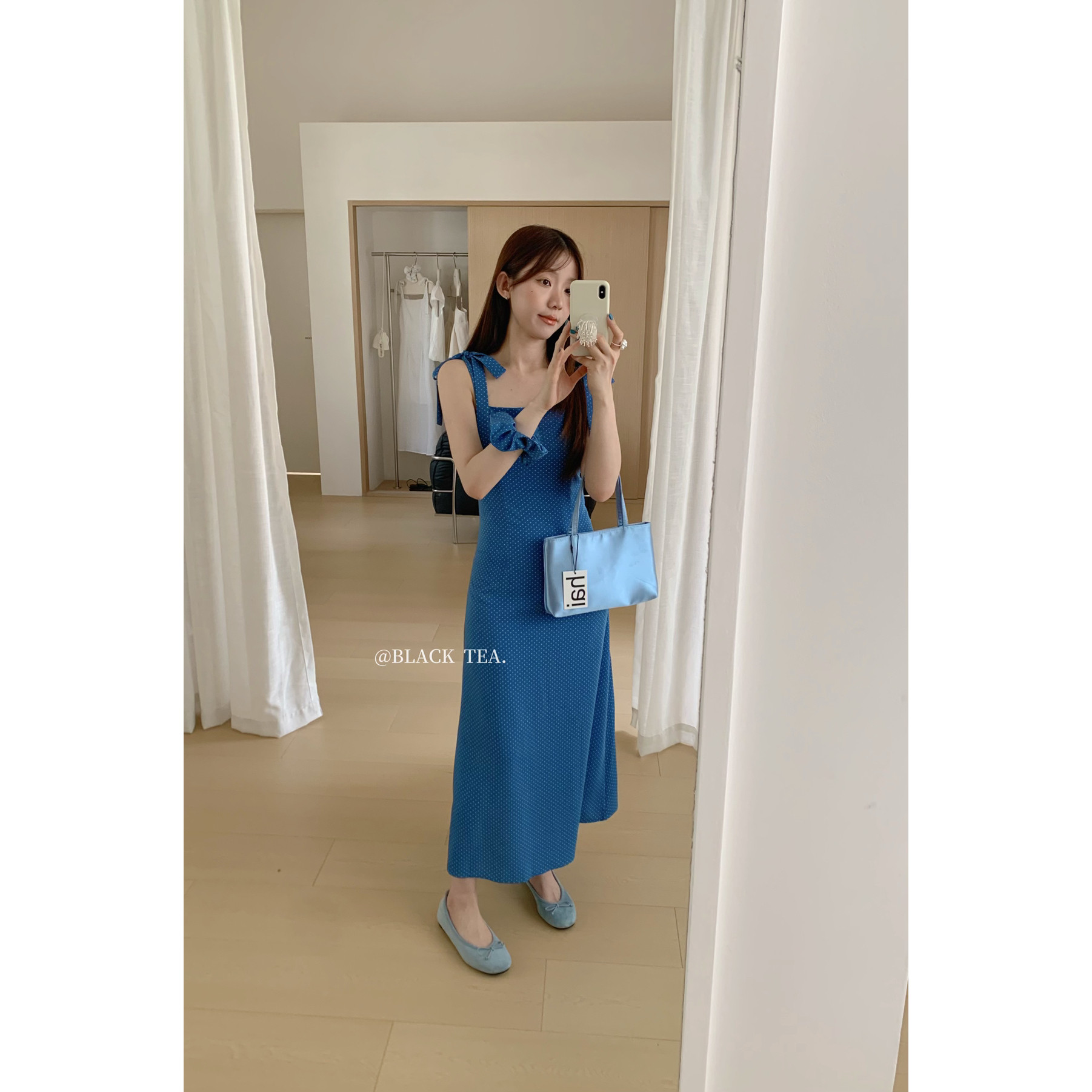希宥HOUSE 韩系小清新！设计绑带波点吊带连衣裙(配发圈)