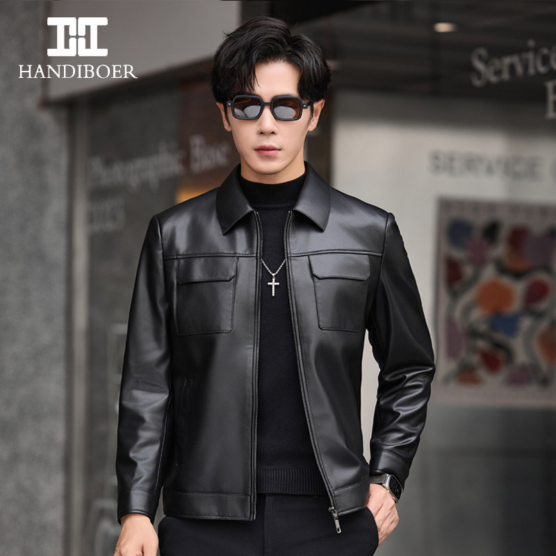 2025秋季新款海宁青年男士真皮绵羊皮皮衣翻领修身皮夹克潮牌外套