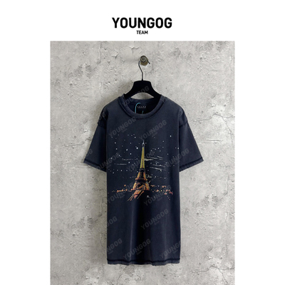 YOG【False Perception巴黎铁塔】潮牌美式街头男女同款宽松T恤
