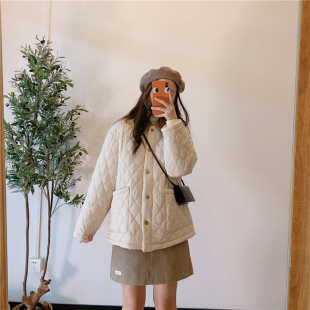 翻领菱格棉服白色女款轻薄冬款百搭韩版宽松外套上衣