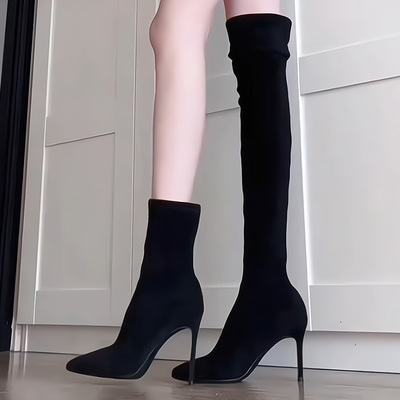 靴子女尖头细跟弹力过膝长靴绒面