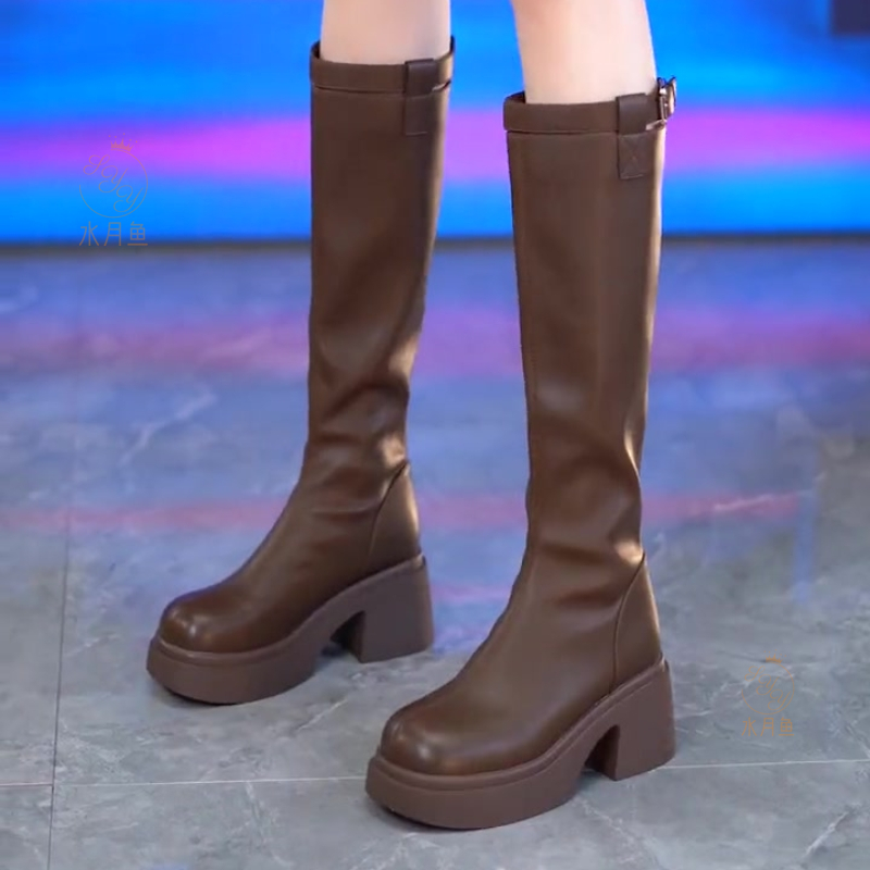 欧美厚底不掉筒高跟骑士靴2025冬季皮带扣高筒显瘦粗跟真皮时装靴