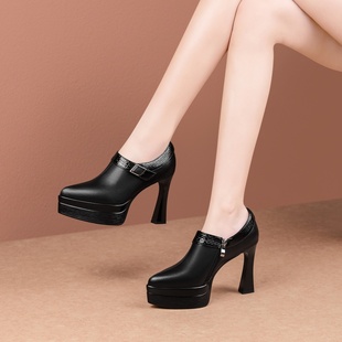 粗跟厚底百搭小个子不累脚 新款 防水台尖头深口高跟单鞋 女2025秋季