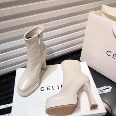 欧美新款时尚防水台高跟瘦瘦靴加绒英伦风方头细跟短靴百搭及踝靴