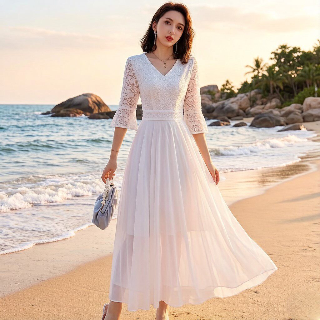 白色蕾丝雪纺连衣裙夏季短袖气质时尚海边度假长裙高级感沙滩裙女
