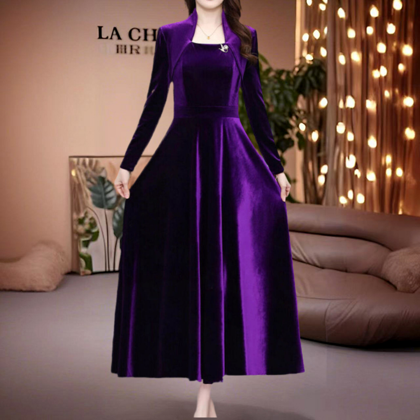 高级感妈妈款方领紫色礼服金丝绒连衣裙2025秋冬长袖修身打底长裙