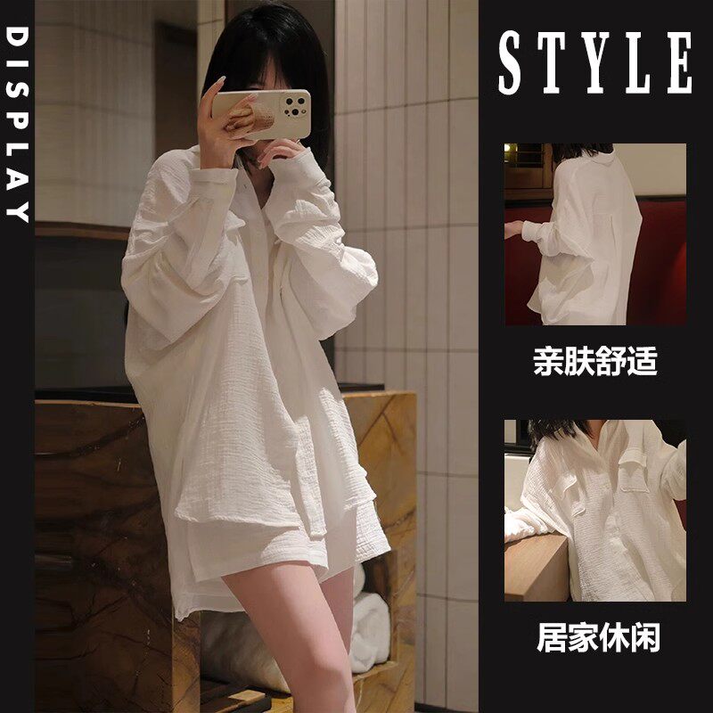 ins休闲白色纱布长袖睡衣女夏天新款短裤宽松家居服大码纯欲套装