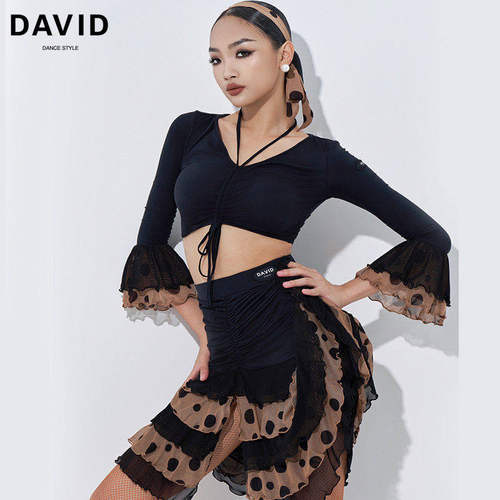 DAVID 24款拉丁舞服女士抽绳喇叭袖上衣波点褶皱大裙摆练功服套装