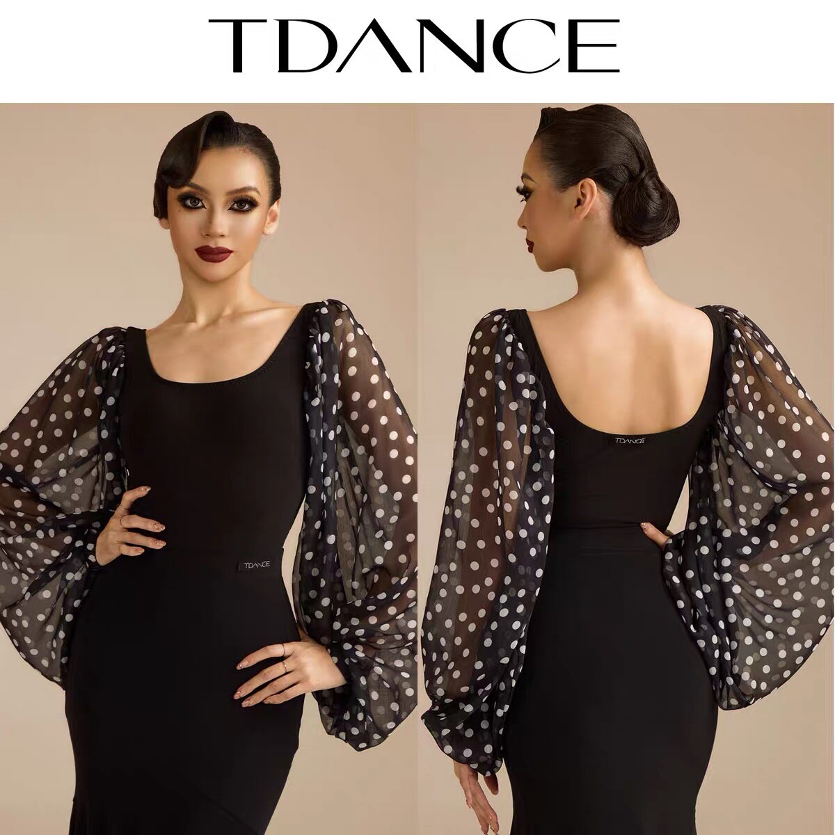 TDANCE摩登练习服波点方领灯笼袖