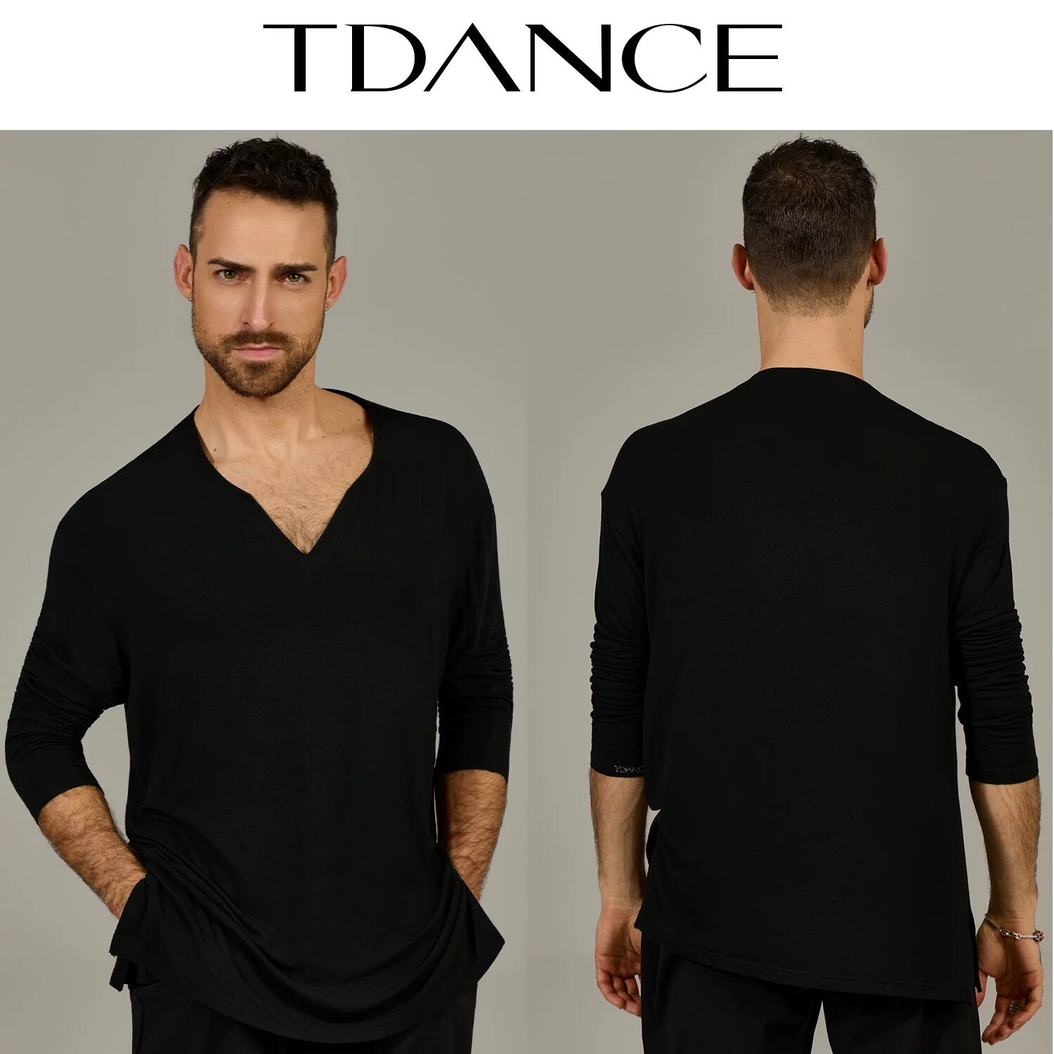 TDANCE男拉丁练习服V口长袖套装