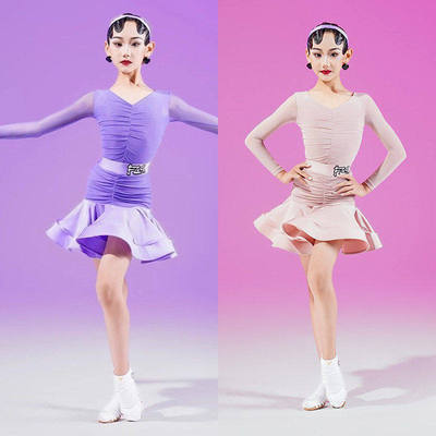 FZS儿童拉丁舞服高级感网纱褶皱练功舞蹈裙粉紫双色专业表演服女