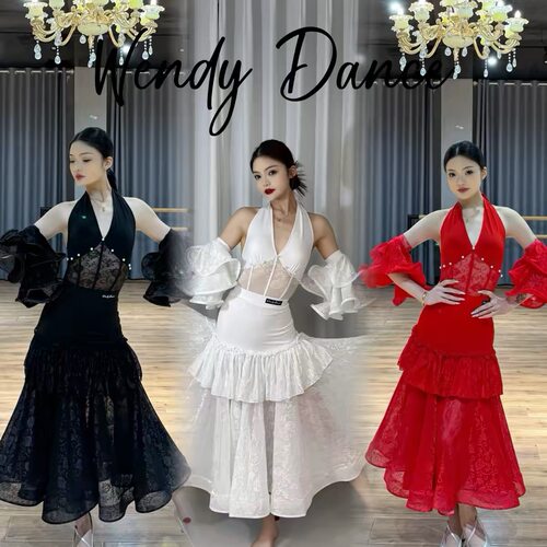 Wendy摩登舞服挂脖蕾丝套装表演