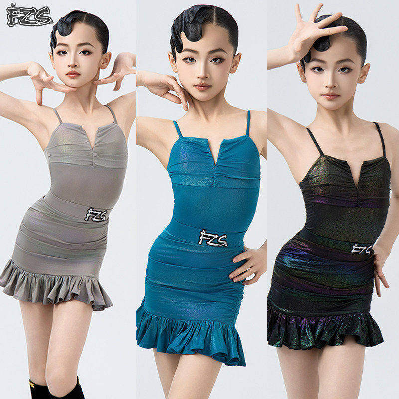 FZS拉丁舞服女童吊带V形领上衣花边裙练功服套装仿点睛高级比赛服
