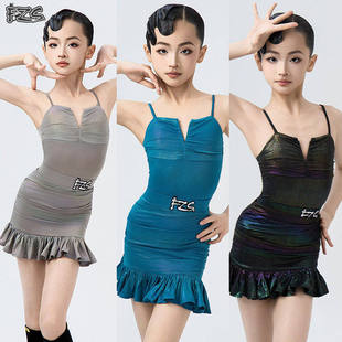 FZS拉丁舞服女童吊带V形领上衣花边裙练功服套装仿点睛高级比赛服