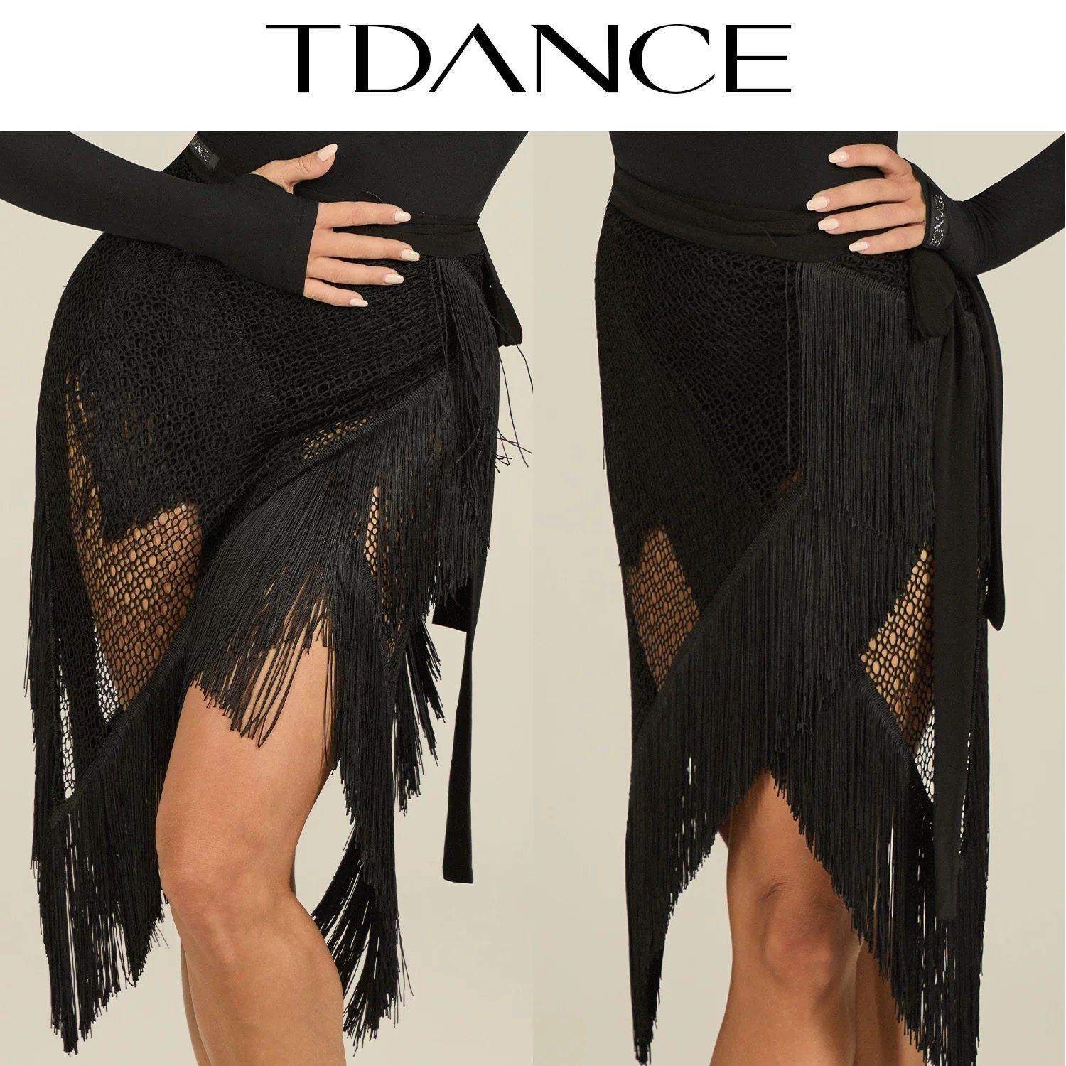 TDANCE拉丁舞服网面流苏系带半裙