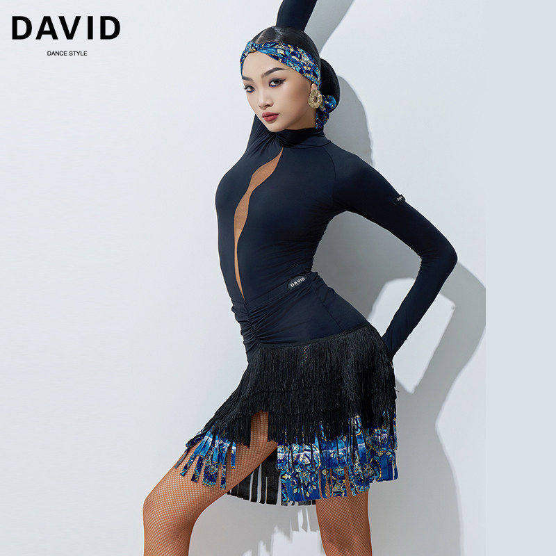 DAVID女士拉丁舞服民族风练习服长袖上衣流苏半裙套装演出服比赛
