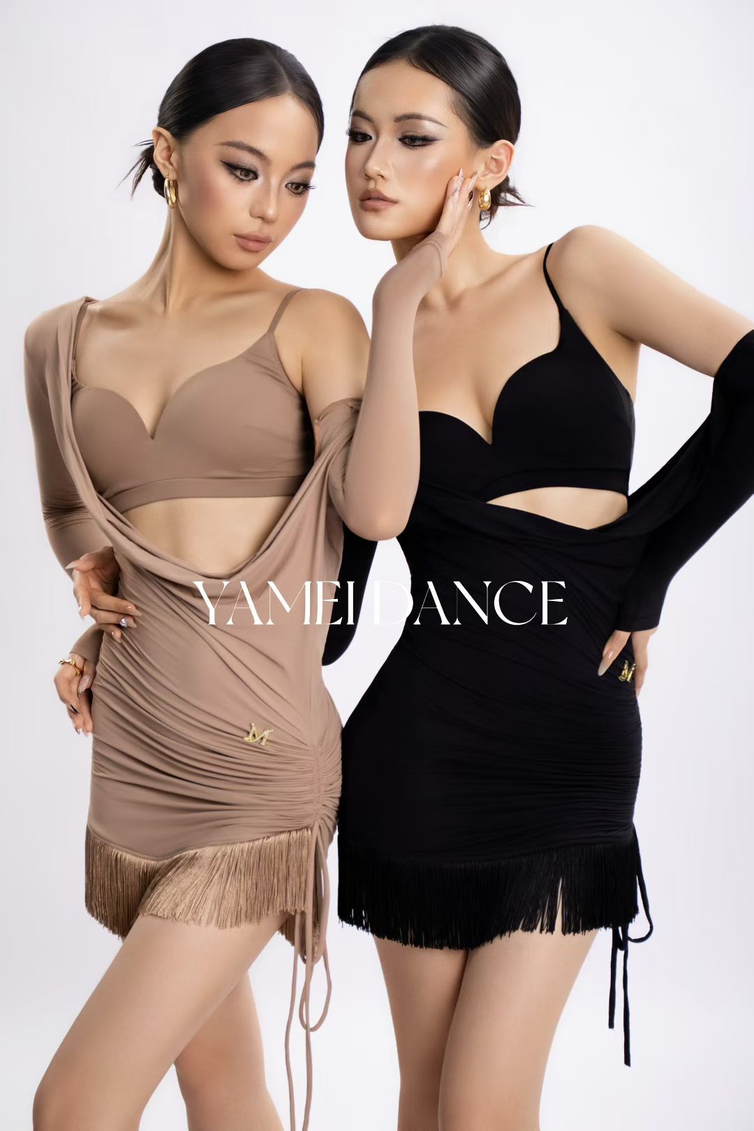 雅美舞服女士拉丁舞回归经典暗夜流金不对称斜肩荡领抽绳流苏罩衫
