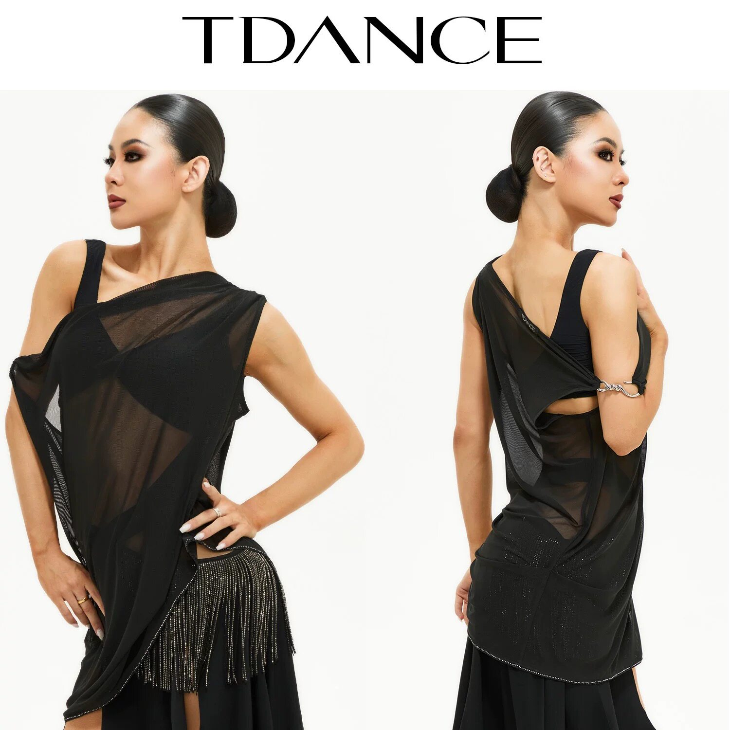 TDANCE女国标舞练习服网纱斜肩