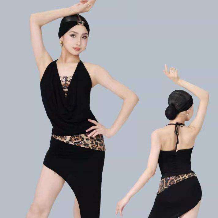 R design少儿拉丁舞服夏季豹纹亮片裙裤分体套装日常训练表演服女