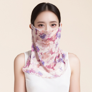 真丝围脖女挂耳朵防晒面巾小丝巾夏季薄款桑蚕丝套头脖套护脸面罩