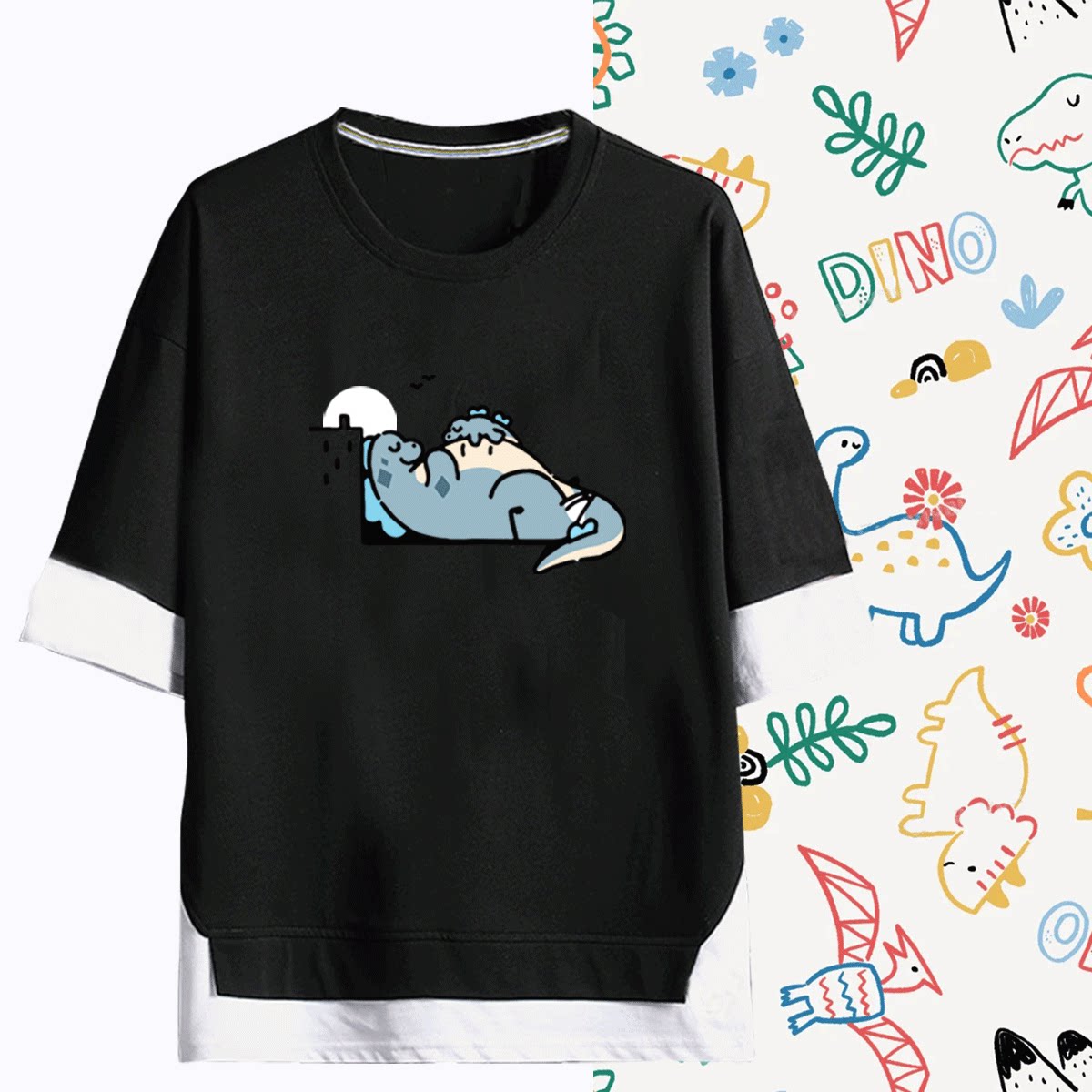 蓝色小恐龙卡通印花男女2025年夏新款可爱百搭定制短袖T恤假两件