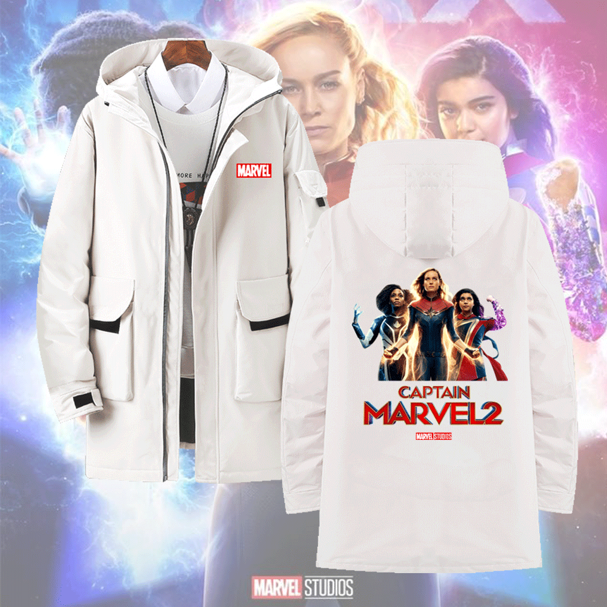 漫威惊奇队长2电影周边CaptainMarvel2休闲男带帽外套保暖羽绒服