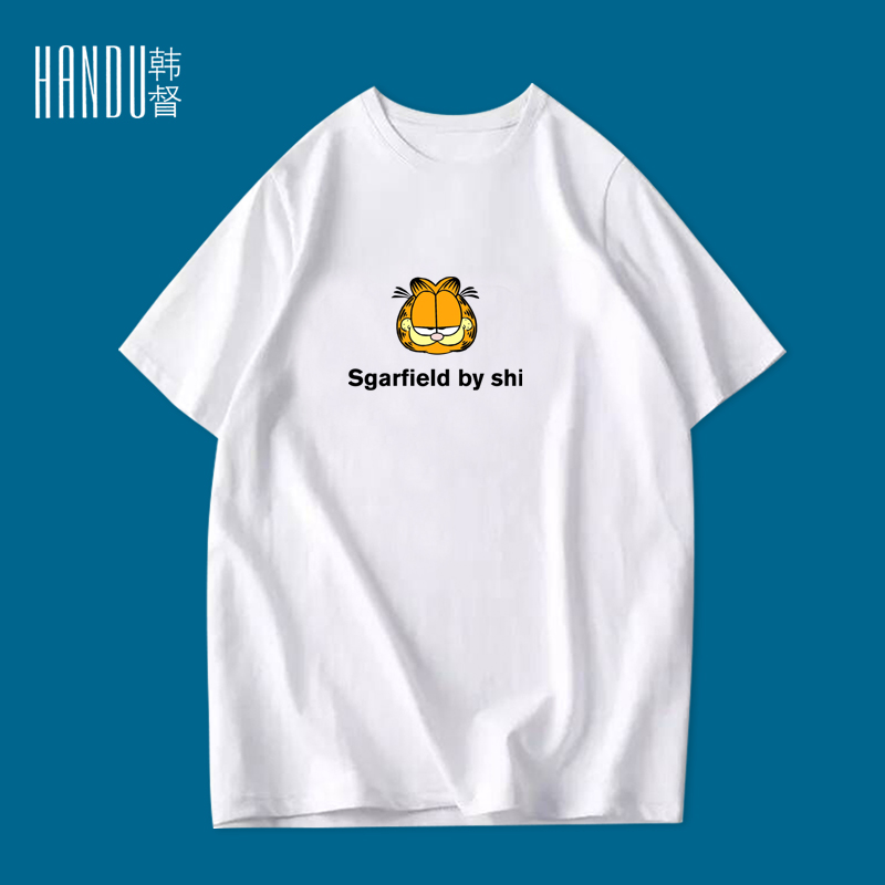 新款夏季潮流加菲猫个性印制印花图案休闲宽松情侣款纯棉短袖T恤